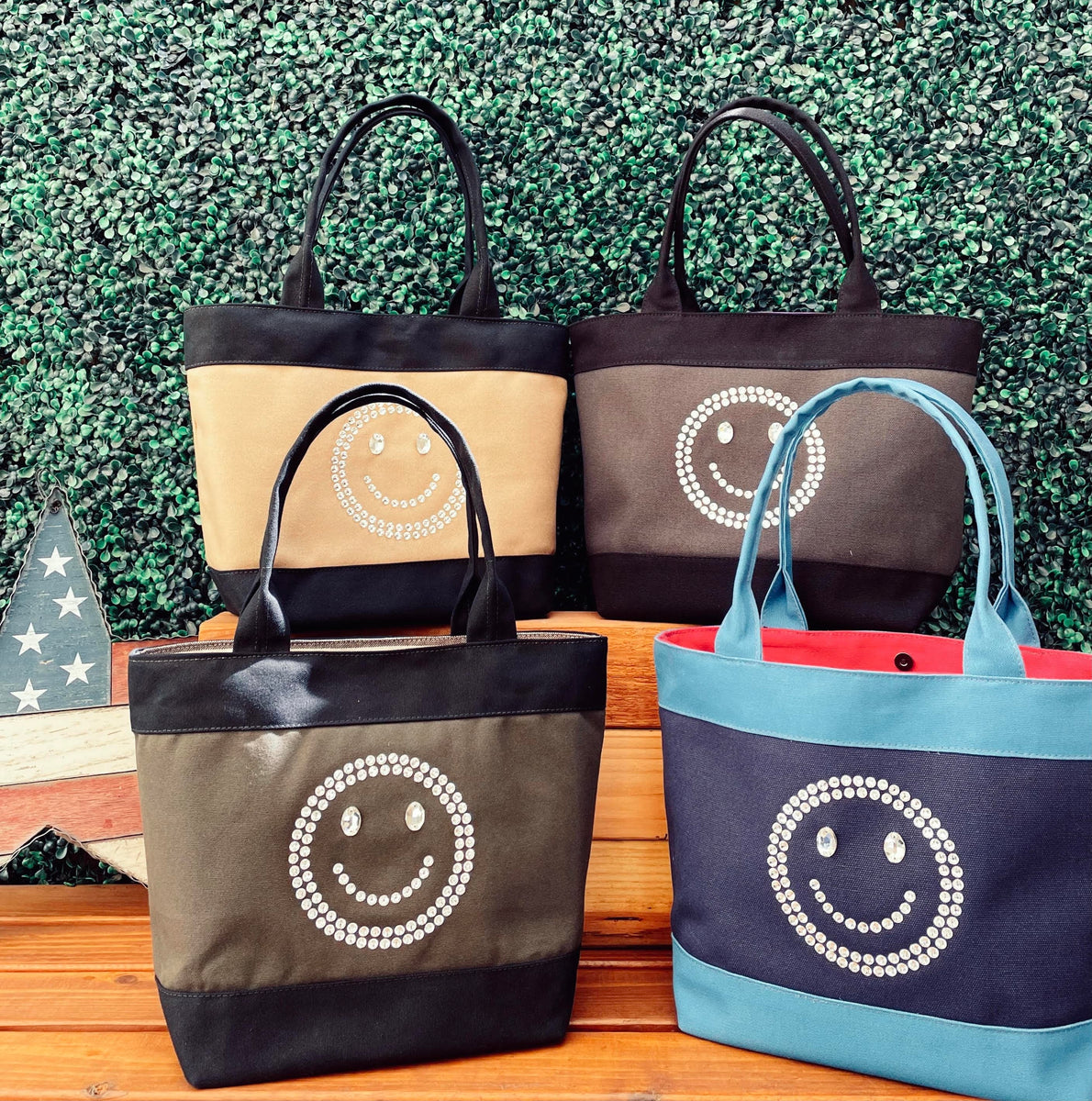 Mosmileco tote bags made in usa from 100% cotton canvas with rhinestone- embellished smile