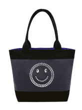 Load image into Gallery viewer, Mosmileco cute and fun tote bags made in USA from 100% cotton canvas with sparkly rhinestone embellished smiley face. Classy tote bags for everyday use, bling bling handbag gift for her and friends
