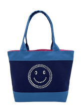 Load image into Gallery viewer, Mosmileco cute and fun tote bags made in USA from 100% cotton canvas with sparkly rhinestone embellished smiley face. Classy tote bags for everyday use, bling bling handbag gift for her and friends
