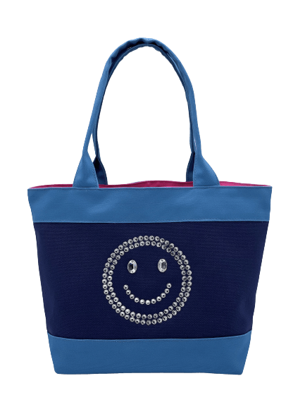 Mosmileco cute and fun tote bags made in USA from 100% cotton canvas with sparkly rhinestone embellished smiley face. Classy tote bags for everyday use, bling bling handbag gift for her and friends