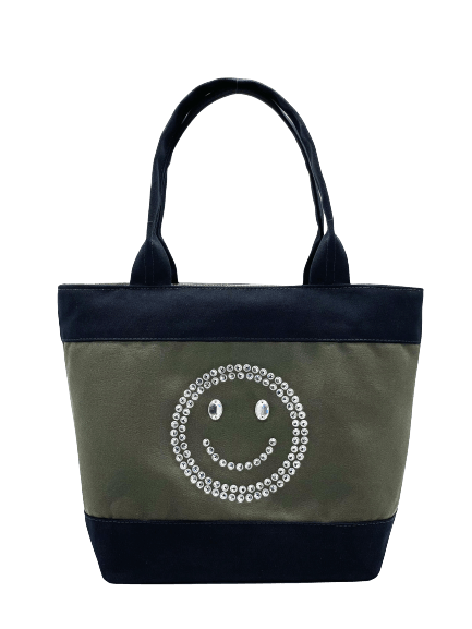 Mosmileco cute and fun tote bags made in USA from 100% cotton canvas with sparkly rhinestone embellished smiley face. Classy tote bags for everyday use, bling bling handbag gift for her and friends